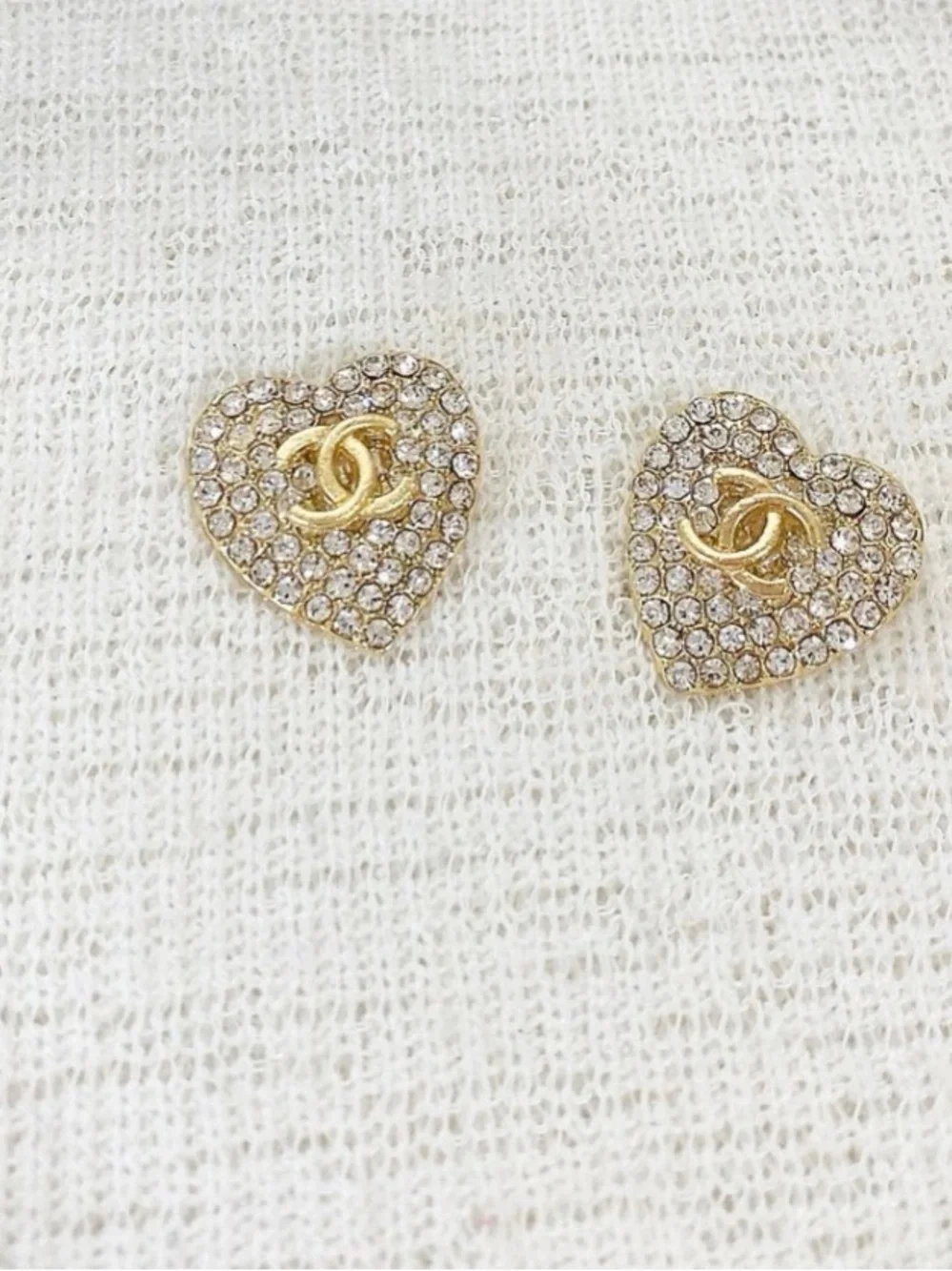 Fashion CHAN3L Gold Heart Crystal Logo Earrings